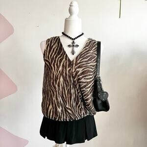 Y2K‎ Brown Zebra Print Wrap Tank Top, Animal Print, 2000s, XS, Vintage Inspired